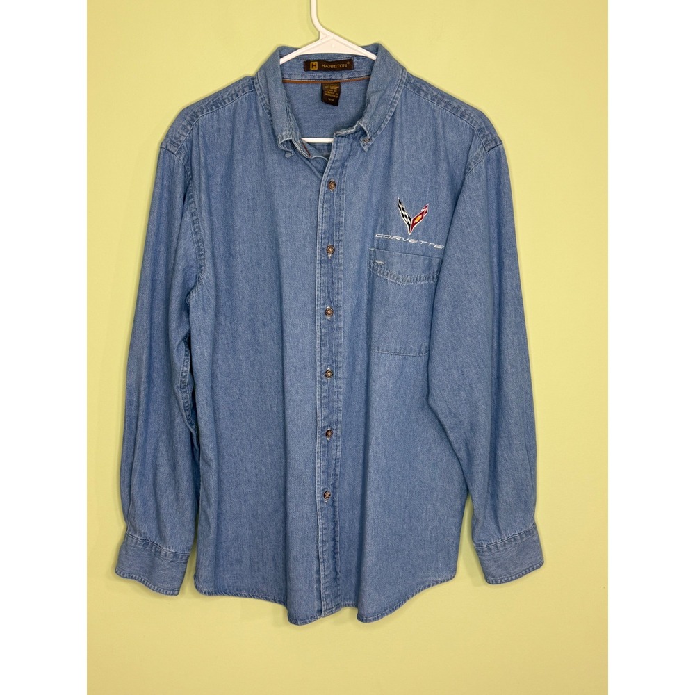 Corvette C7 Harriton Denim Shirt Men's M Embroidered Crossed Flags  Cotton Jean